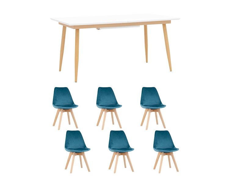 Купить Обеденная группа стол Стокгольм 160-220*90, 6 стульев Frankfurt велюр синие, Цвет: синий