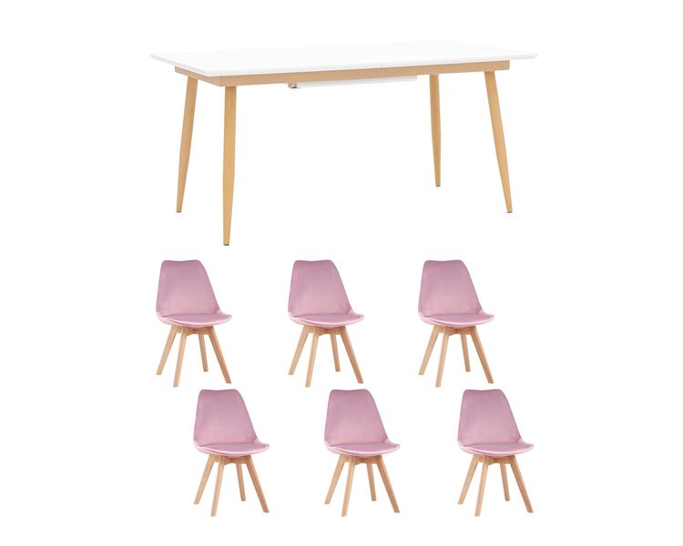 Купить Обеденная группа стол Стокгольм 160-220*90, 6 стульев Frankfurt велюр розовые, Цвет: розовый