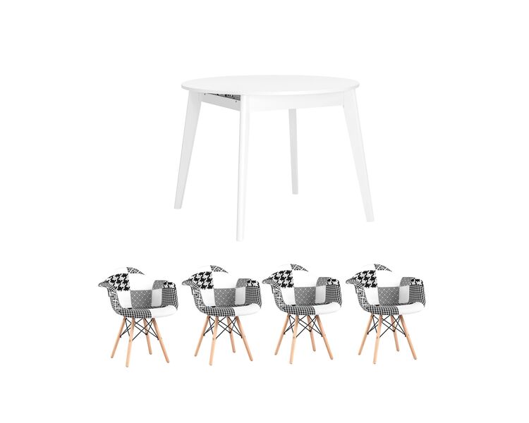Купить Обеденная группа стол Rondo белый, 4 кресла DSW пэчворк черно-белые, Цвет: черно-белый