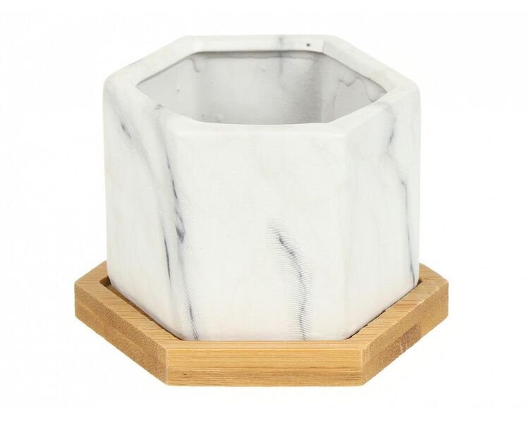 Купить Кашпо Marble керамика с деревянной подставкой, Цвет: белый